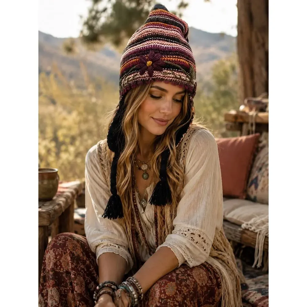 Manalpaca Unisex Peruvian Baby Alpaca Boho Hat Chullo with Earflaps NWT